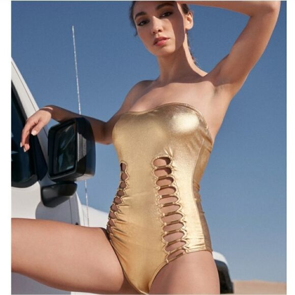 Metallic Gold Strapless with Front Detail One-Piece Swimsuit Sz S - Picture 4 of 6